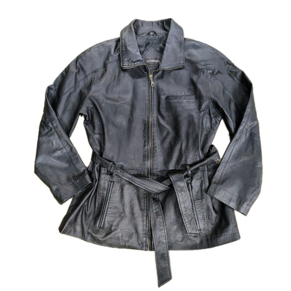 Outbrook Black Leather Jacket Womens Size Large Zip Up Belt Pockets. Mid Length